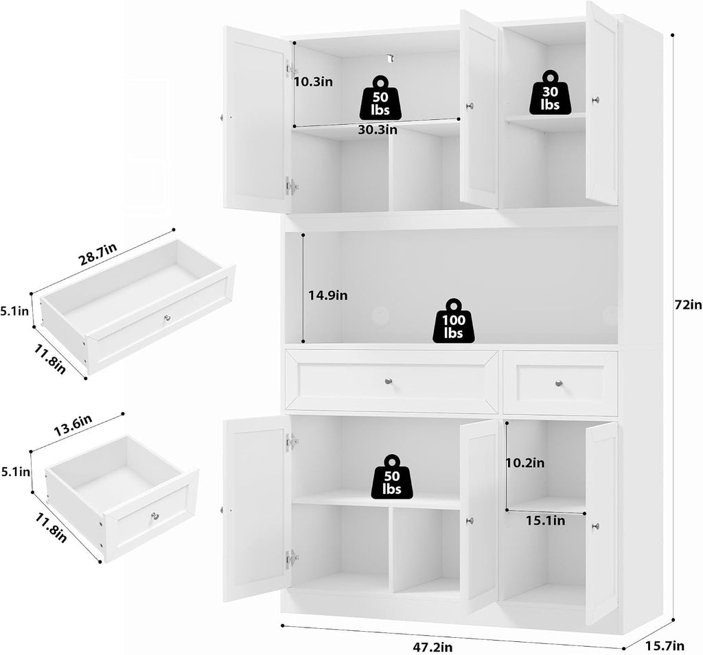 72" Kitchen Pantry Cabinet, Kitchen Hutch with Microwave Stand, Buffet Cabinet with Hutch, White