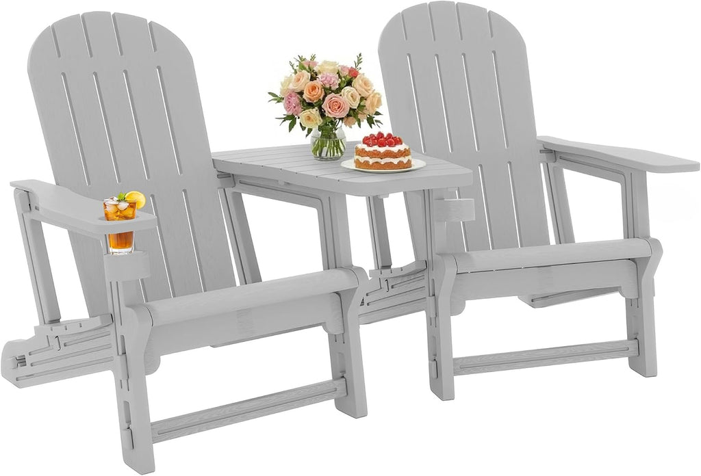 Outdoor Adirondack Chair Set of 2, All-Weather HDPE Patio Furniture with Detachable Table, Wood Texture & Cup
