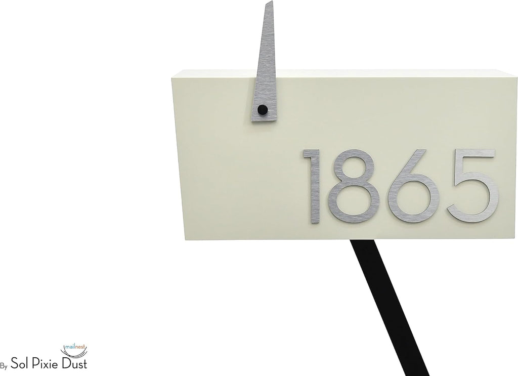 Contemporary Post-Mount Mailbox - Aluminum Ivory White Body with Aluminum Door, Numbers and Flag