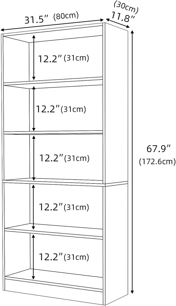 5 Shelf Wood Bookcase Freestanding Bookshelf Library Small Narrow Space(11.8" D x 31.5" W x 67.9" H,Brown,5-Layers)