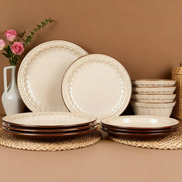 Dinnerware Set Cream White 12 Pieces Service for 4, Stoneware Plates and Bowls Set Stoneware Set, Dishwasher