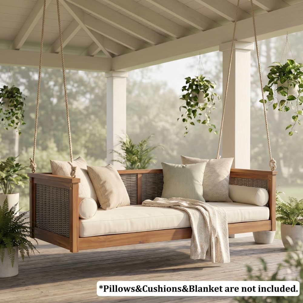 Porch Swing Bed, Twin Size Outdoor Solid Wood Hanging Daybed with Rattan Frame Long Ropes Teak Garden Swing Bench for