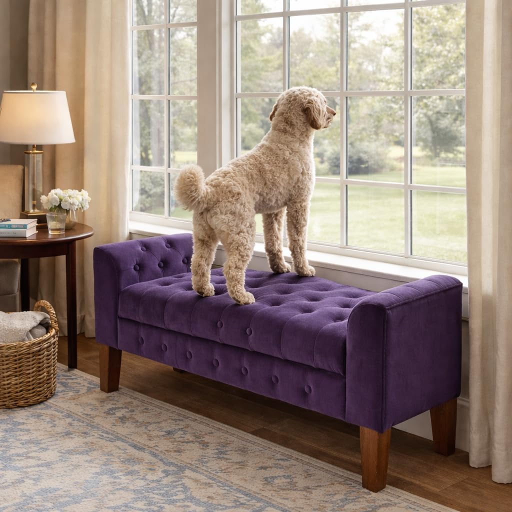 Velvet Tufted Storage Bench Settee with Hinged Lid, Purple 50" x 18" x 23"