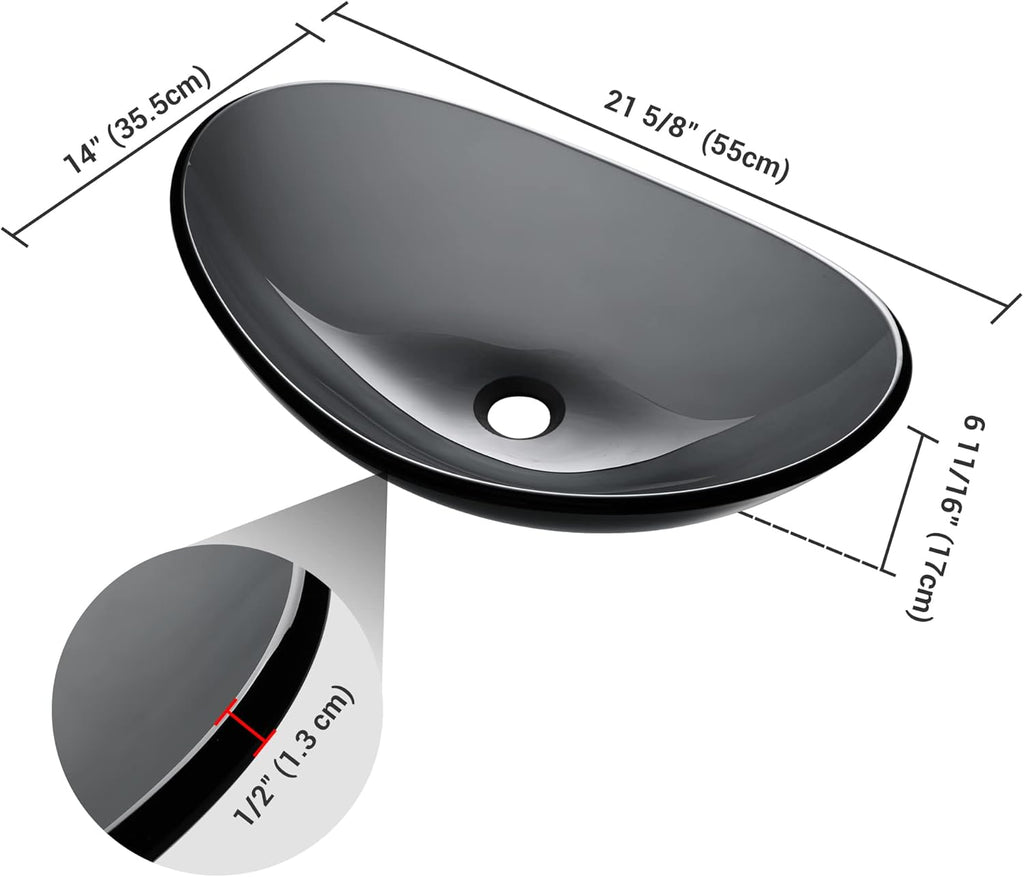Tempered Glass Bathroom Vessel Sink Oval Vanity Above Counter Top Mount Basin Clear Grey Industrial Modern