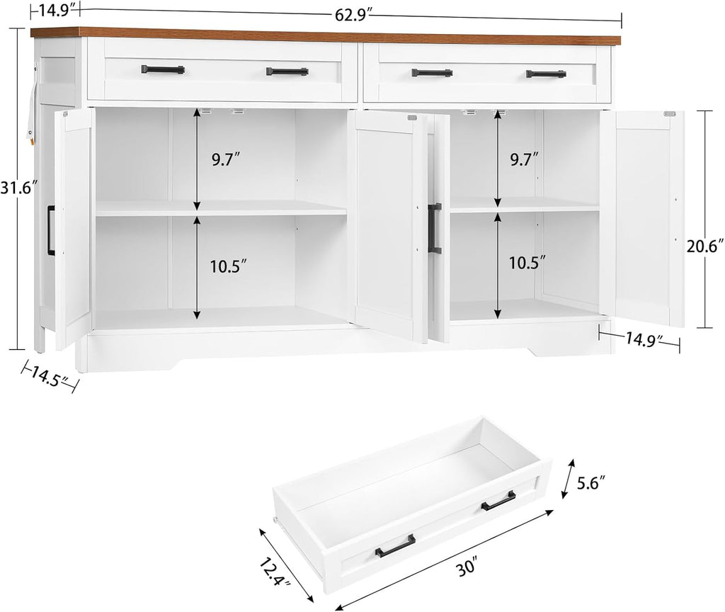 63" Buffet Cabinet with Storage, Large Sideboard Buffet Cabinet with 2 Adjustable Shelves and 4 Doors