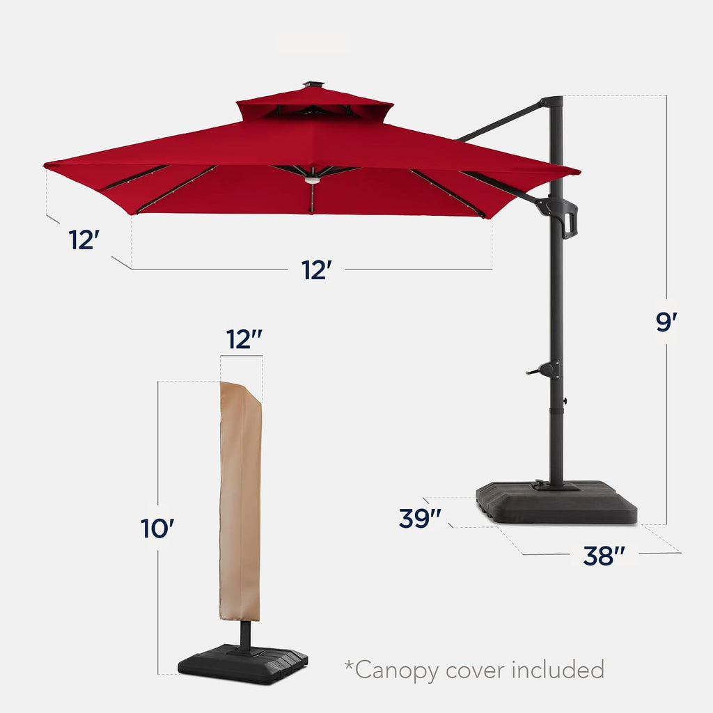 12x12ft LED Cantilever Patio Umbrella w/Base Included & 360° Rotation - Red