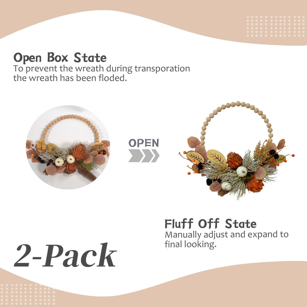 2Pcs Artificial Fall Wood Bead Wreath