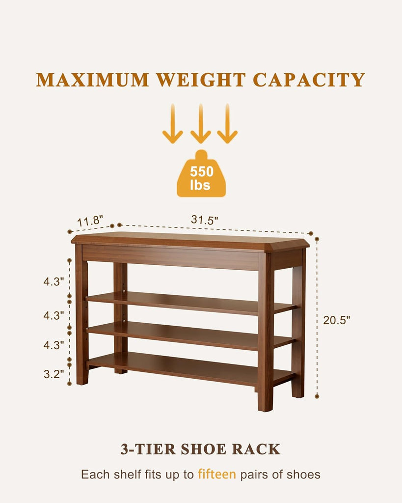 Shoe Rack Bench Seat Rubberwood 3-Tier Wooden Storage Bench 550lbs Compact Mid-Century Modern Design , Closet, Front