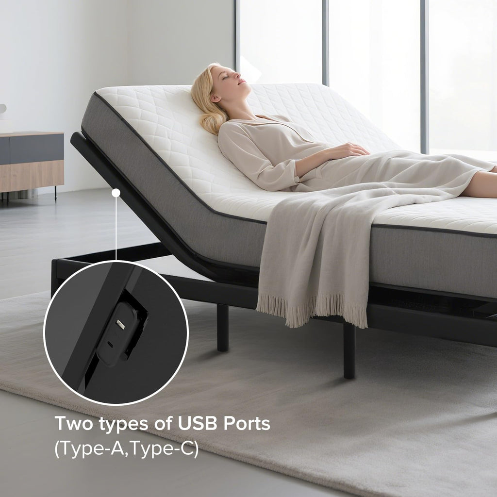 Queen Adjustable Bed Frame with Massage, Head & Foot Incline, Wireless Remote, Dual USB Ports & LED Night Light