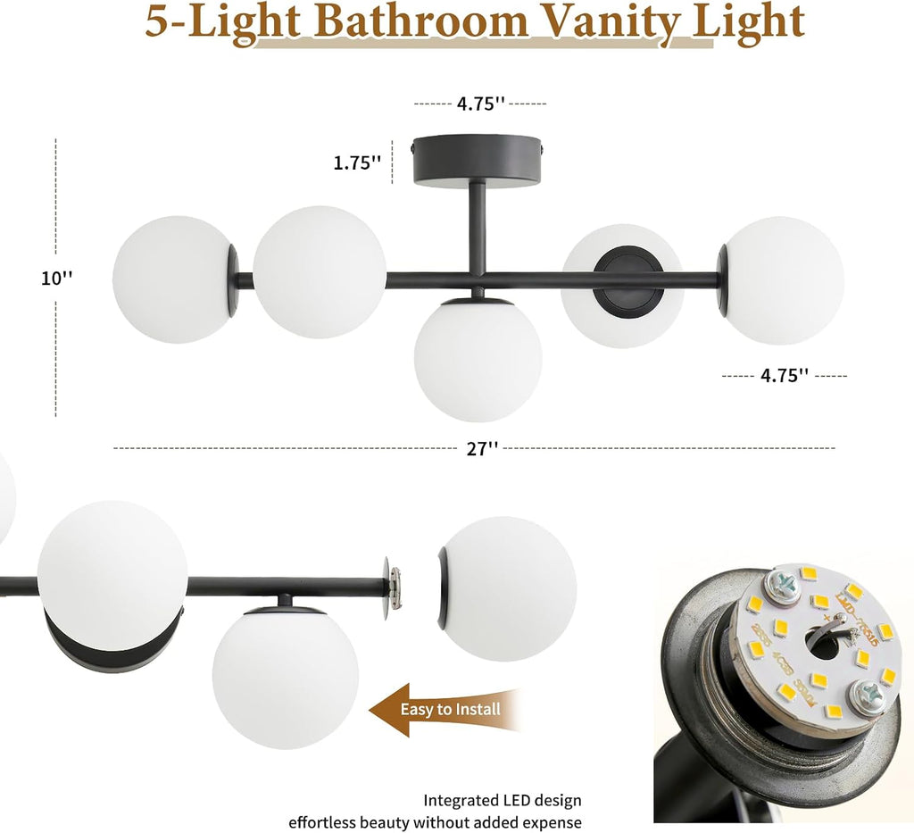 27" Mid Century Modern White Globe Black LED Bathroom Vanity Light | Matte Black Finish, Sleek Mid Century Modern