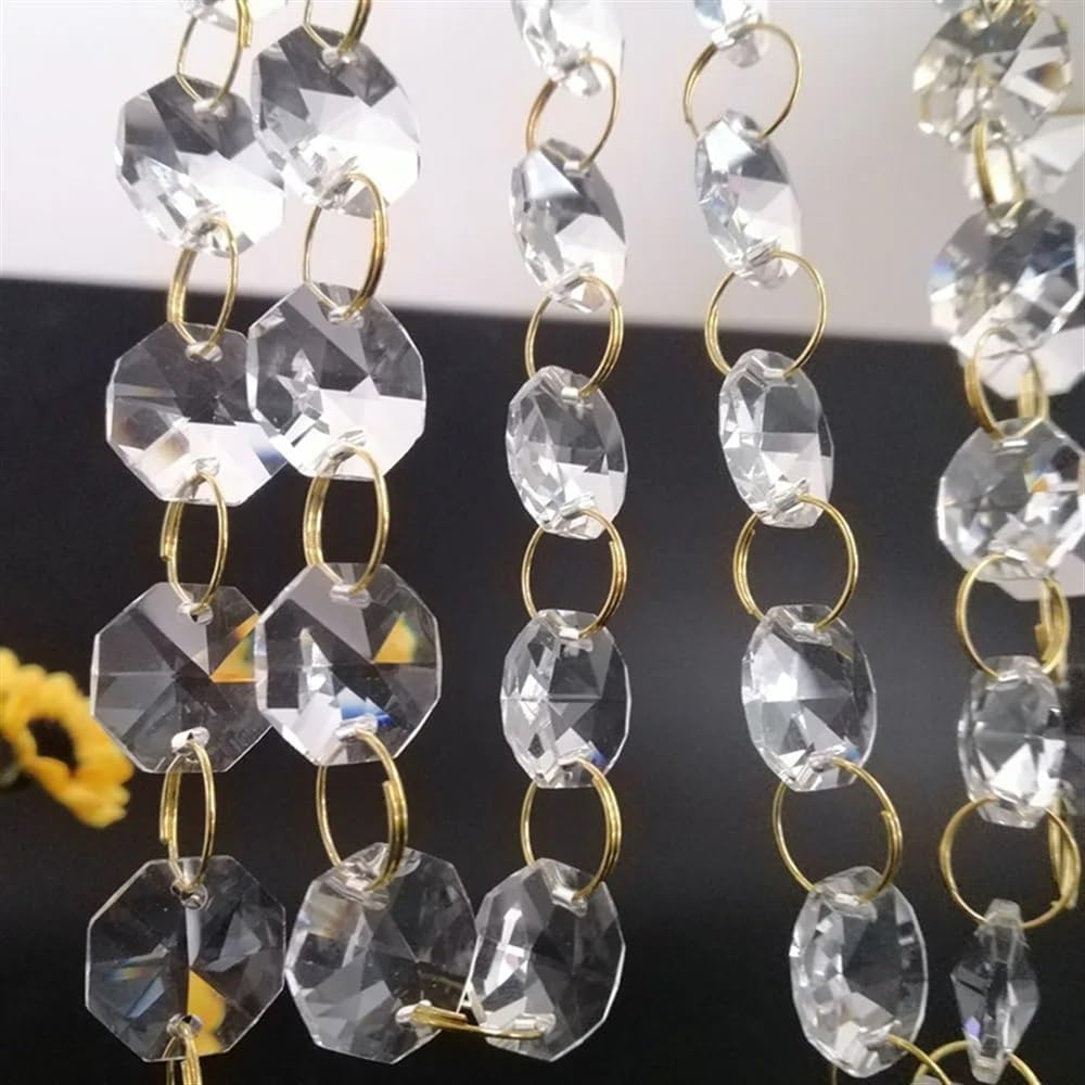 Hanging Crystals Prisms 100cm/3.3ft (Gold Ring) Clear 14mm Crystal Octagonal Beads Chain Garland Chandelier Lamp Part