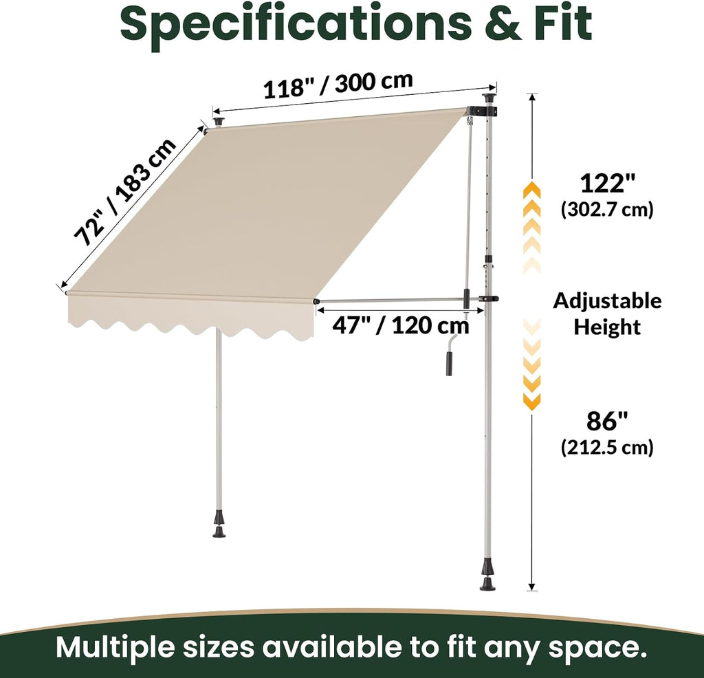 Manual Retractable Awning - 118" x 47" Patio Outdoor Door Window Awning Canopy, Adjustable Height 86-122", UV &