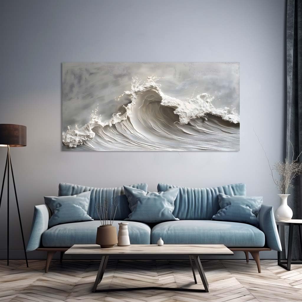 Abstract Ocean Wave Canvas Wall Art 46x23 Inch - Large Neutral Textured Modern Sea Artwork Coastal Print Painting