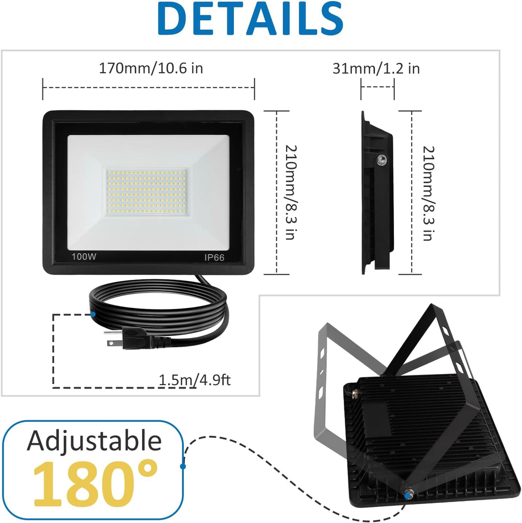 100W LED Flood Light Outdoor, 10000LM Super Bright Floodlight Outside Work Lightwith Plug, 6500K Daylight White LED