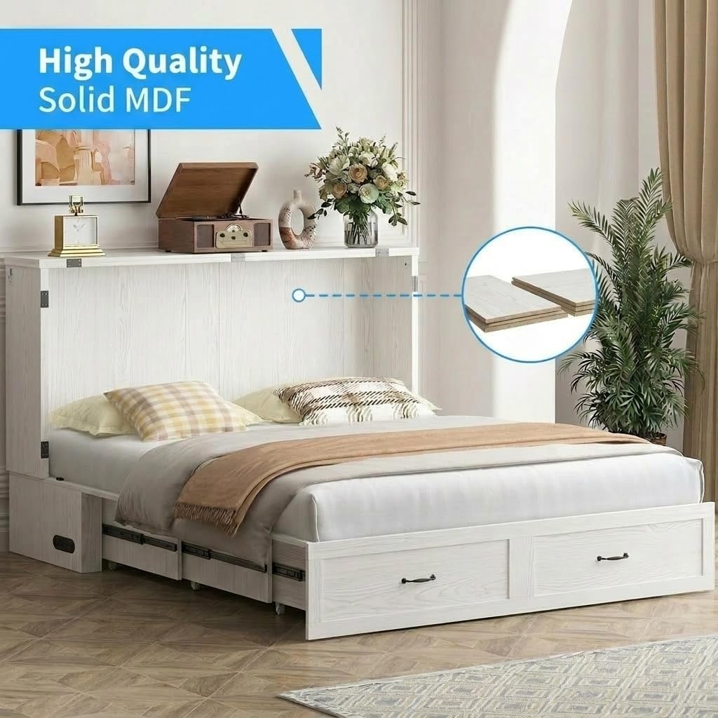 Murphy Bed Queen with Mattress Included, Crisscross Frame Cabinet Beds Chest with Charging Station & Storage Drawers