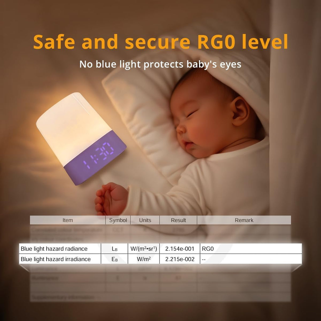 LED Nursery Night Light with Clock, Rechargeable Table Lamp, Purple