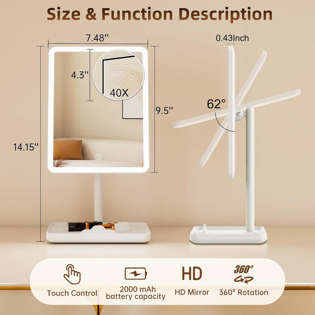 Vanity Mirror with Lights, Rechargeable Makeup Mirror with Lights,Smart Touch with 3-Color Lighting, Dimmable,