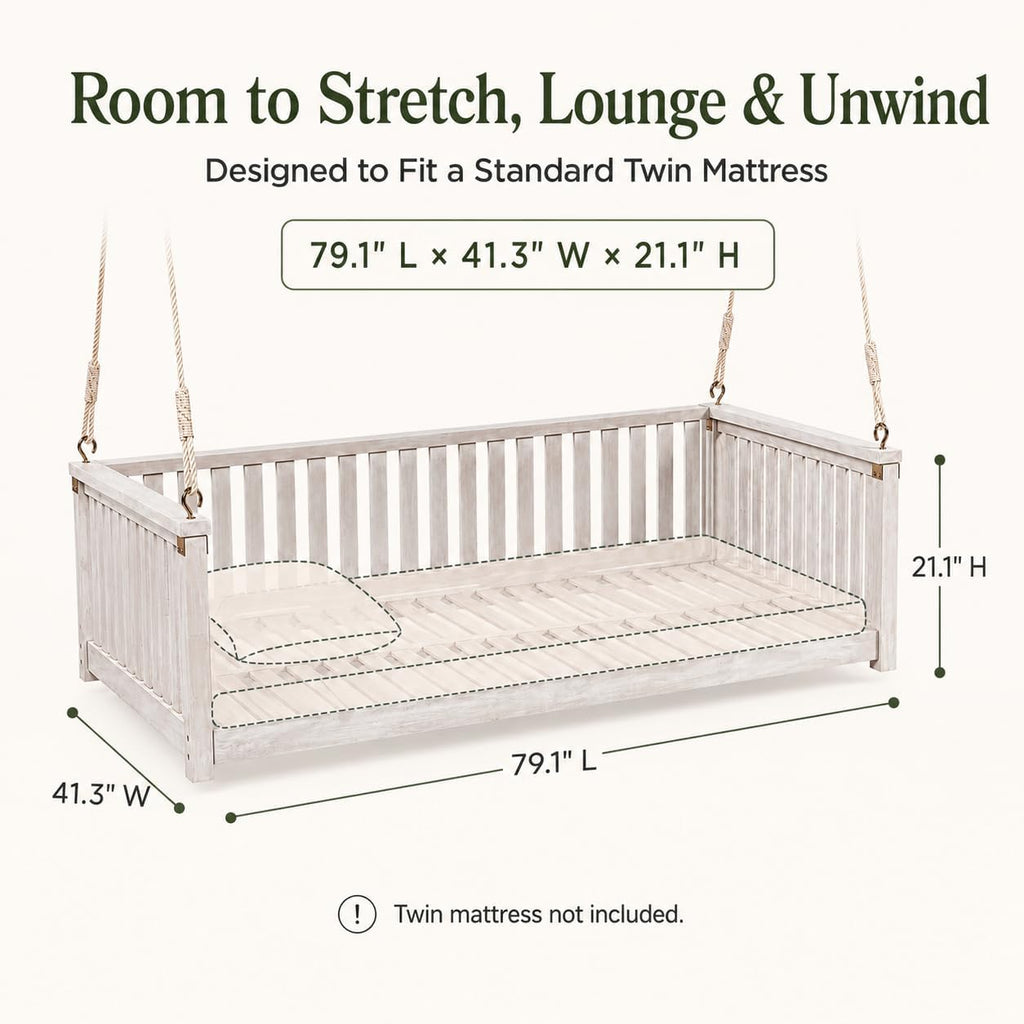 Twin Size Acacia Wood Hanging Swing Bed with Ropes, Outdoor Porch Daybed , Garden & Backyard, Minimalist Wooden Swing