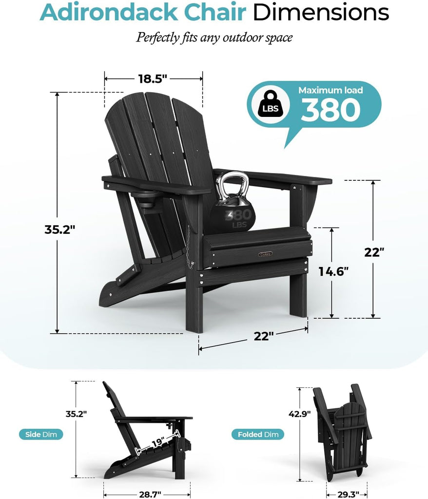 Folding Adirondack Chair Wood Texture , Weather Resistant, Plastic Fire Pit Chair with Cup Holder, Lawn Chair for