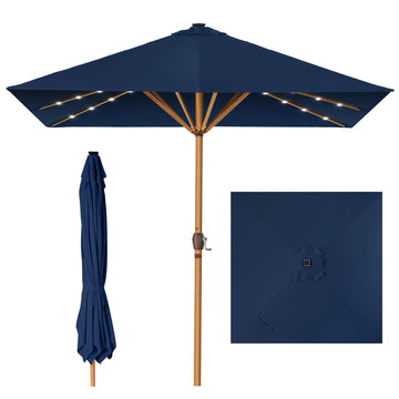 9ft Deep Square Solar Powered LED Lighted Patio Umbrella w/Woodgrain Pattern, UV-Resistant Fabric, Hand Crank - Navy