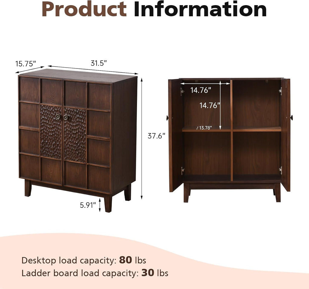Mid-Century Modern Accent Cabinet with Textured Doors, 4-Cube Storage Cabinet, Walnut Wood Storage Cabinet , 31.5"