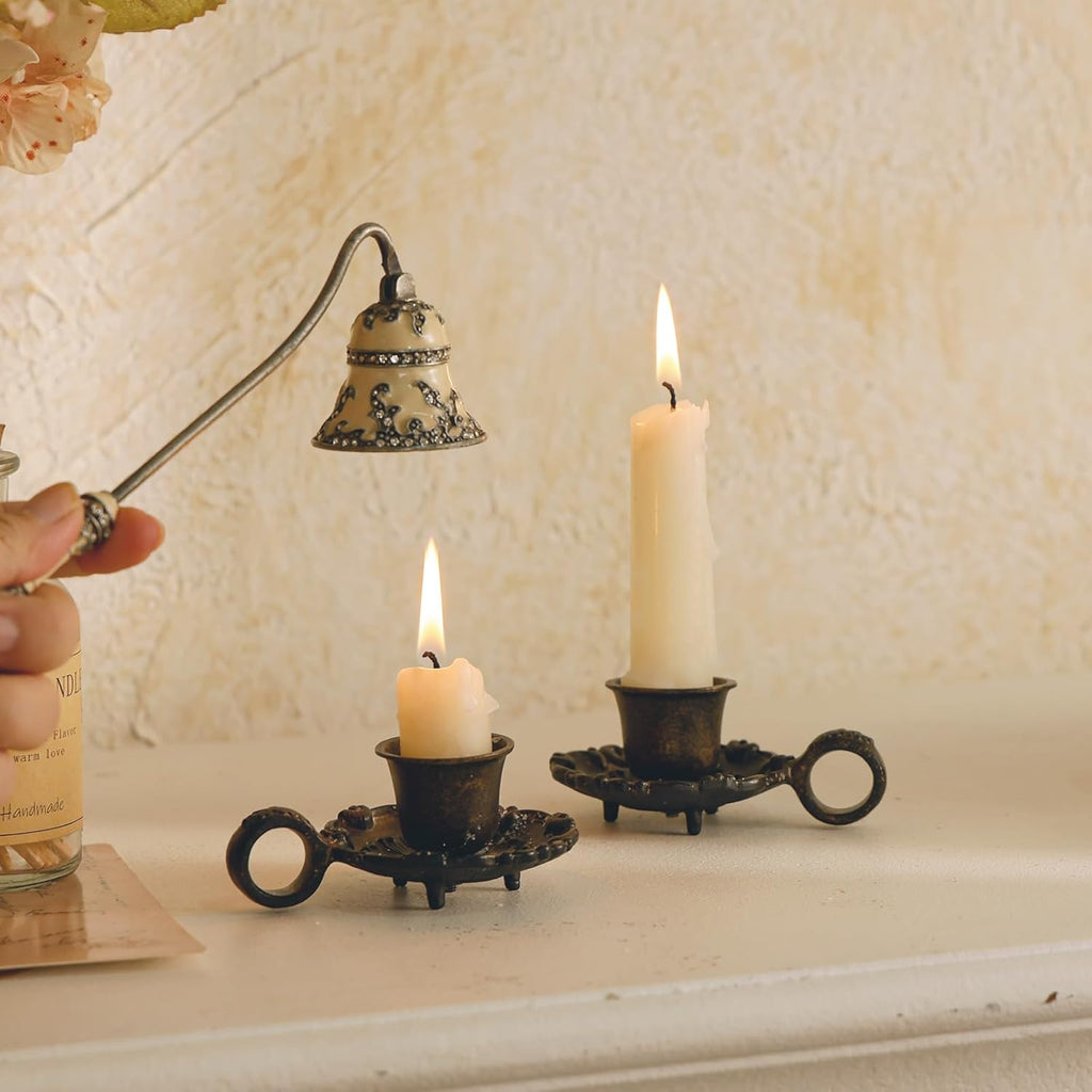 Vintage Small Brown Taper Candle Holders Set of 2, Handle Design | Old Fashioned Rustic Metal Candlestick Stand for