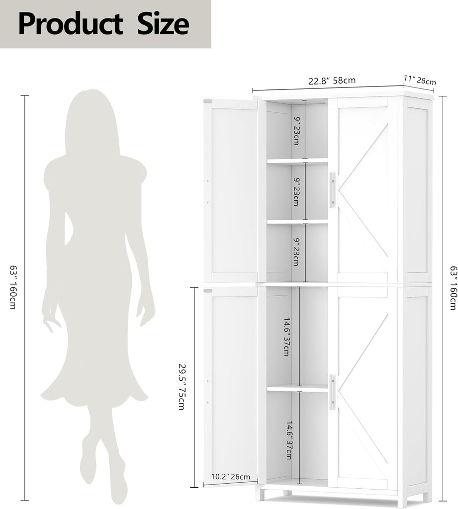63''H Tall Bathroom Storage Cabinet Adjustable Shelf White | Floor Cabinet with Barn Doors, Adjustable Shelf, Linen