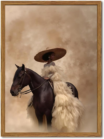 Framed Western Cowgirl Wall Art, Fashion Black Girl Riding Horse Canvas Wall Decor Painting, Black Woman African