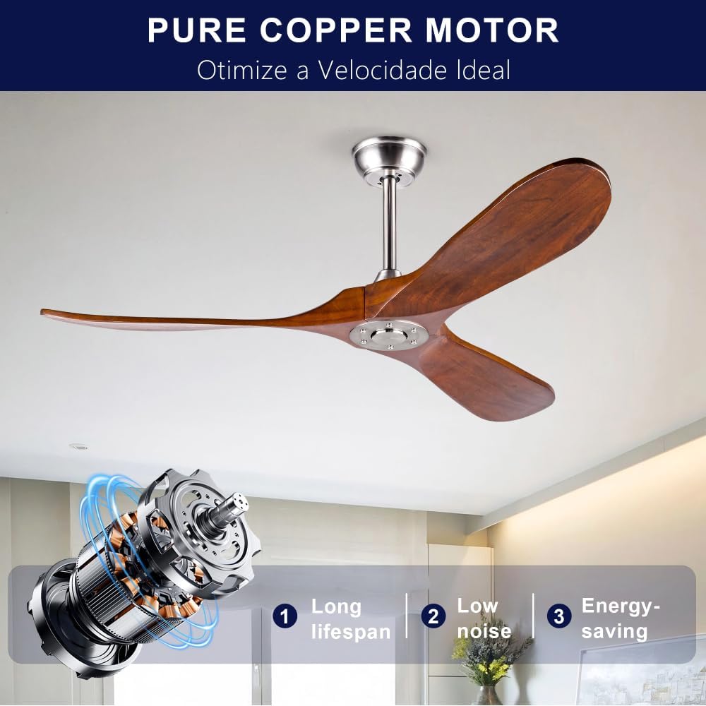 52 Inch Outdoor Ceiling Fan with Remote Control - Solid Wood 3 Blade, Water Resistant, Walnut