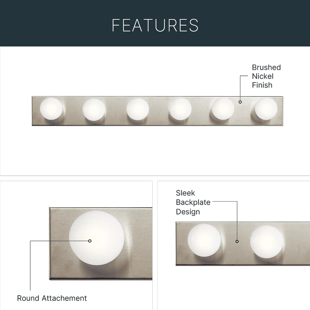 626NI 36" Bath Bar 6-Light Vanity Light Fixture with Brushed Nickel Finish over Mirror, Traditional Style Lighting
