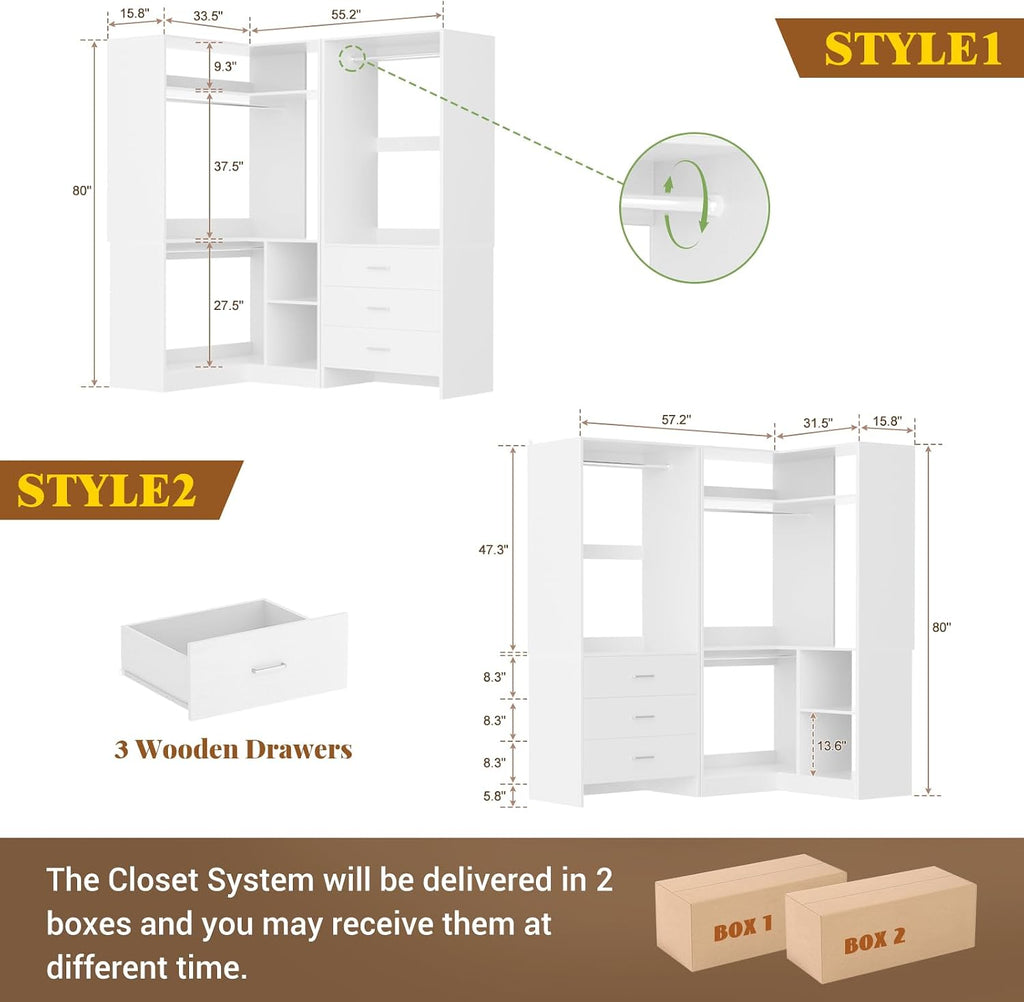 Closet System with 3 Drawers, 2 Hanging Rods & Corner Tower, Corner Closets System with Hanging, L-Shaped Walk-In