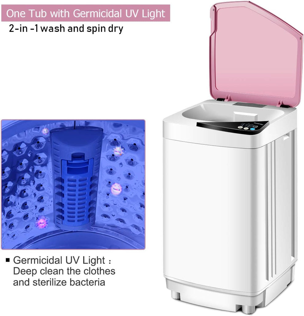 Full-Automatic Washing Machine Portable Washer and Spin Dryer 7.7 lbs Capacity Compact Laundry Washer with Built-in Barrel Light Drain Pump and Long Hose for Apartments Camping (White & Pink)