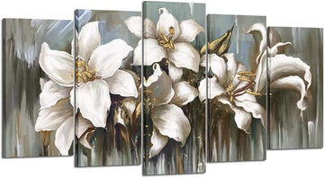 5 Panel Flowers Canvas Wall Art Modern Wrapped Floral Artwork Giclee Canvas Prints White and Grey Tulip Paintings on