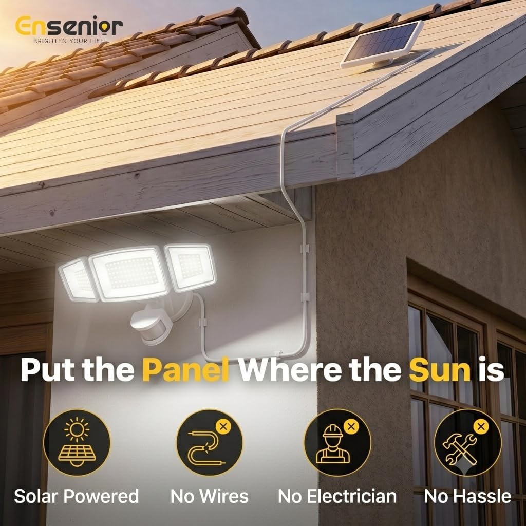 5 Motion Sensor Modes Solar Security Light, 1800LM 270° Wide Angle 3 Heads LED Flood Lights, IP65 Waterproof Wall