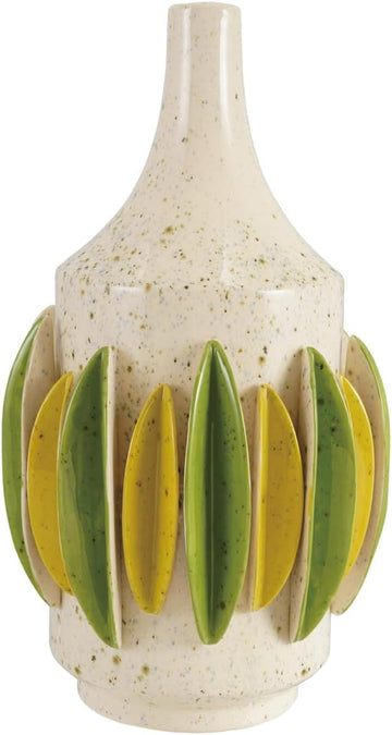 Handmade Speckled Stoneware Vase with 3D Pleats, Cream, Green & Yellow