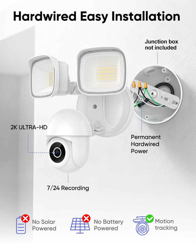 2K Floodlight Camera, 360° PTZ Hardwired Security Cam