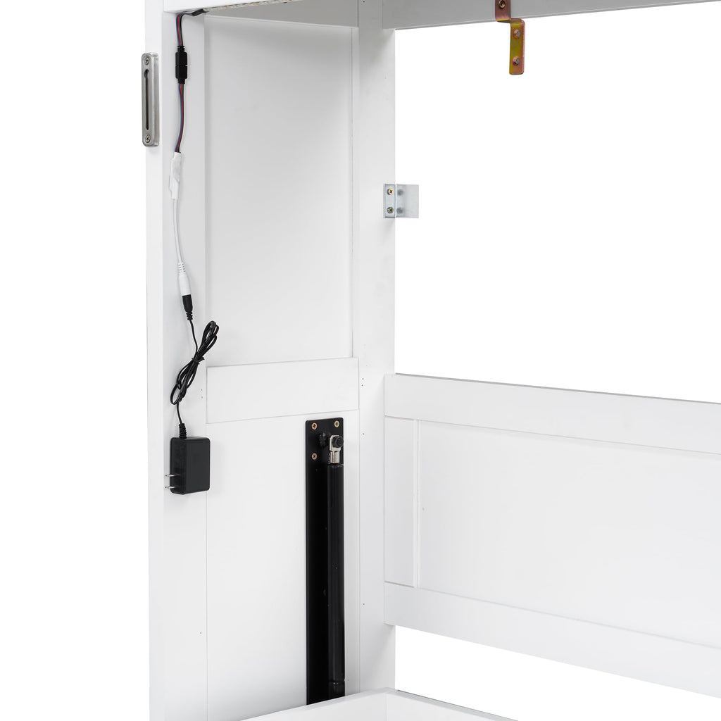Twin Horizontal Murphy Bed Cabinet with LED, White