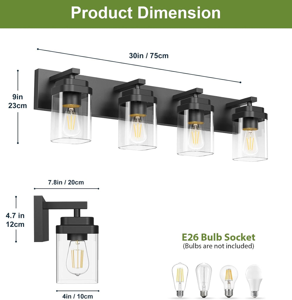 Black Bathroom Light Fixtures, 4 Lights Bathroom Lighting Fixtures Over Mirror, Square Design & Rectangle Large