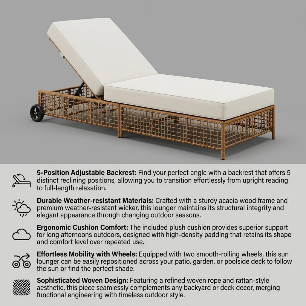 Outdoor Patio Chaise Lounge with Cushion, Acacia Wood and Wicker Sun Lounger, 5-Position Adjustable Backrest, Garden