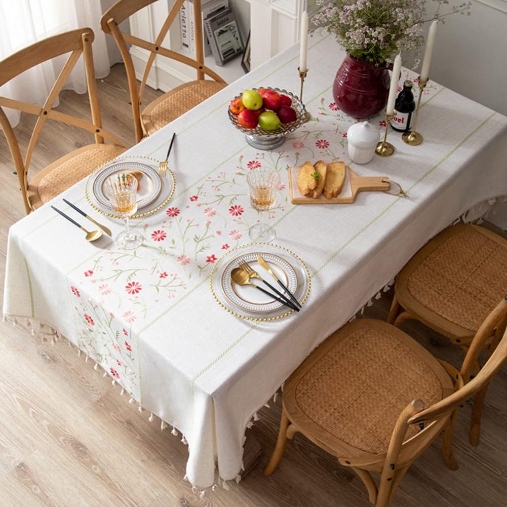 Table Cloth Embroidery Floral Pattern Wrinkle Free Heavy Weight Cotton Linen Farmhouse Tablecloth De