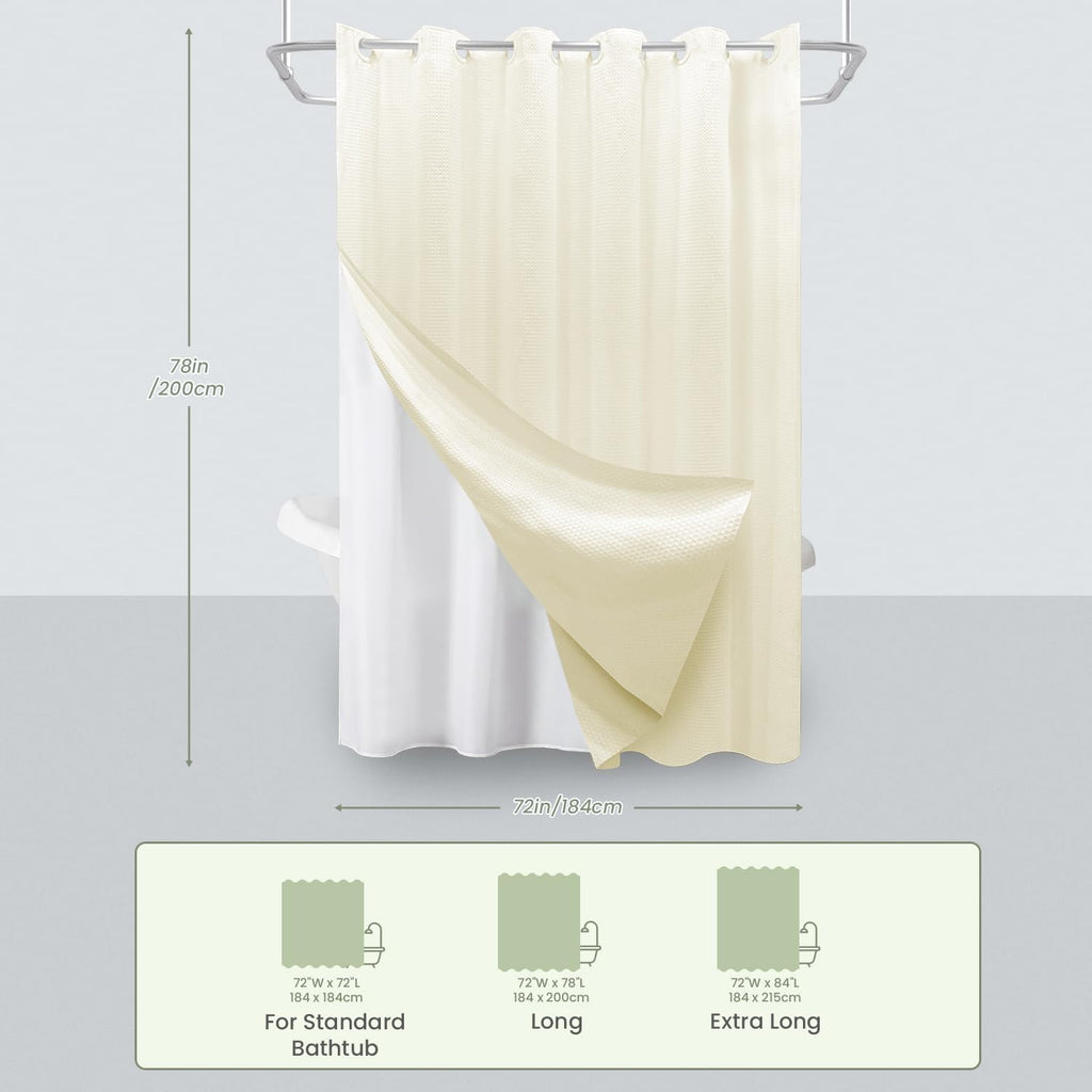 No Hook Shower Curtain with Removable Snap-in Liner, Waffle Weave 230 GSM Polyester, Weighted Hem, Water Repellent