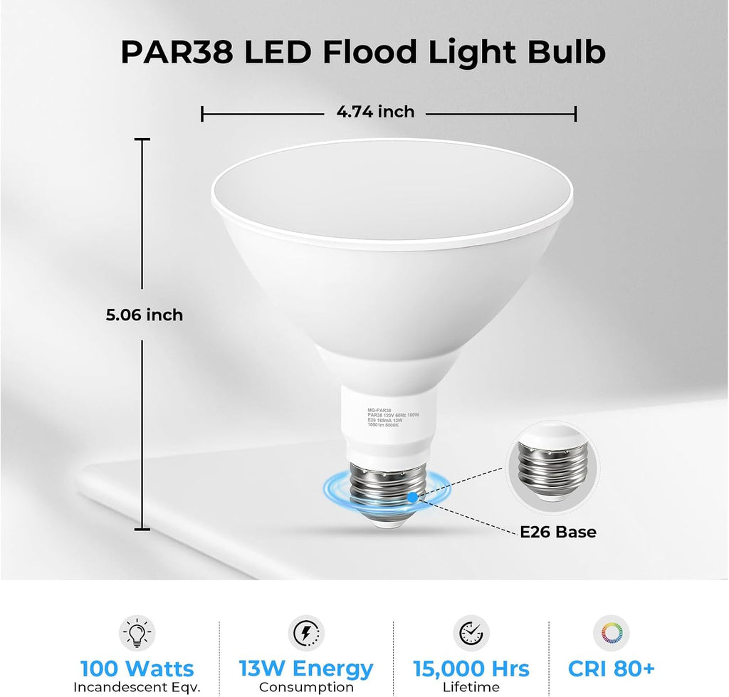 PAR38 LED Outdoor Flood Light Bulbs, 100W Equivalent, 5000K Daylight White, Dimmable Waterproof LED Floodlight for