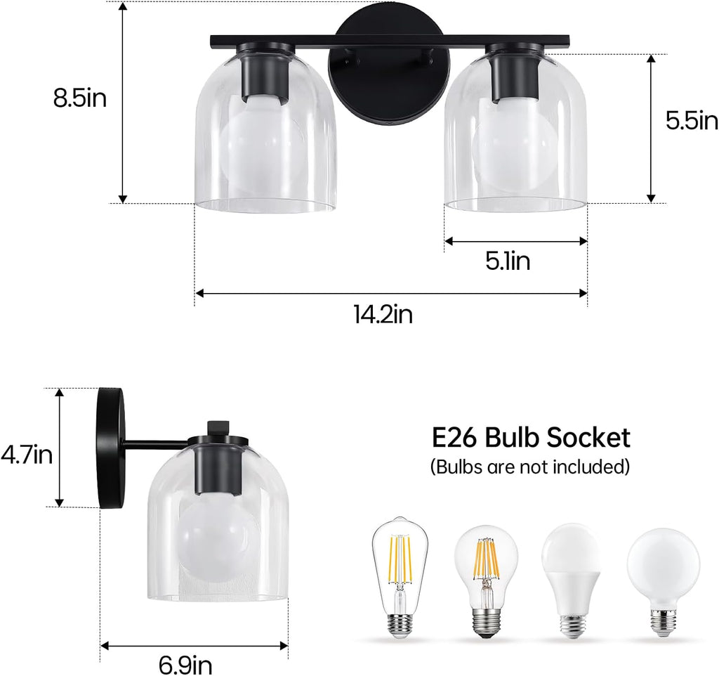 Bathroom Vanity Light Fixtures: 14.2 Inch Modern Black Vanity Lighting Fixtures Over Mirror with Clear Glass Shade