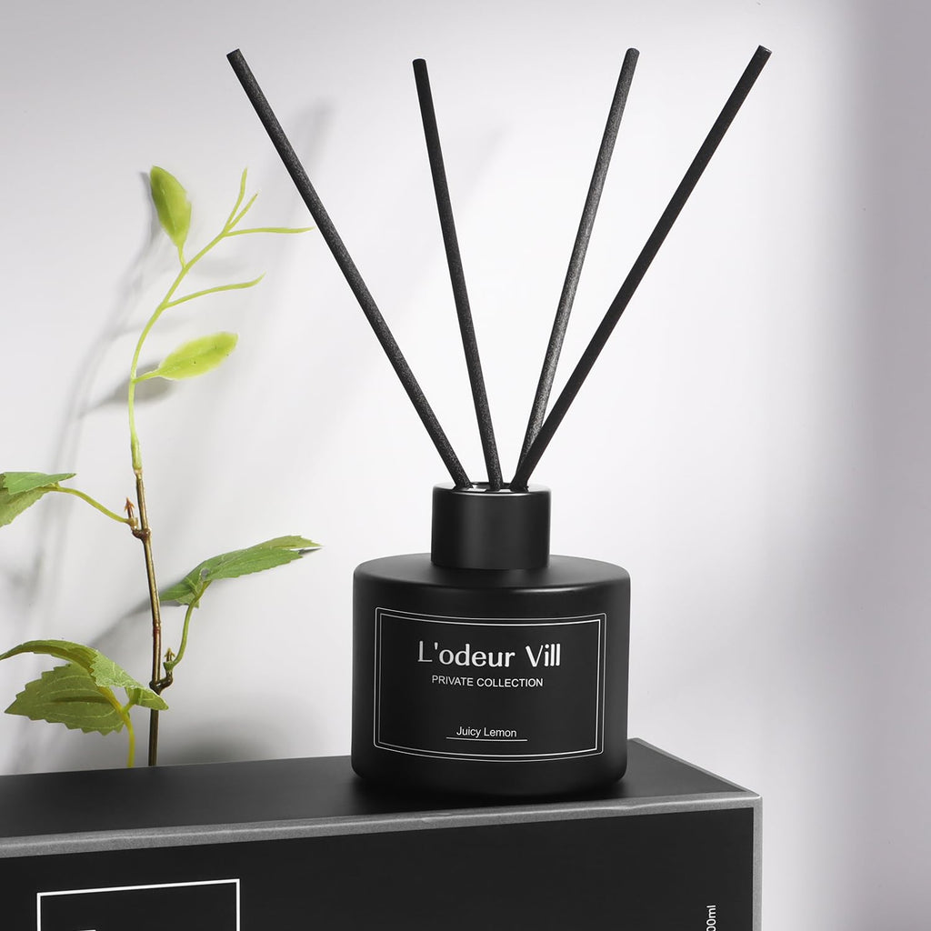 Vill Reed Diffuser, 3.4oz(100ml) Juicy Lemon Reed Diffuser Set with 6 Oil Diffuser Sticks, Matte Black Aroma Scent