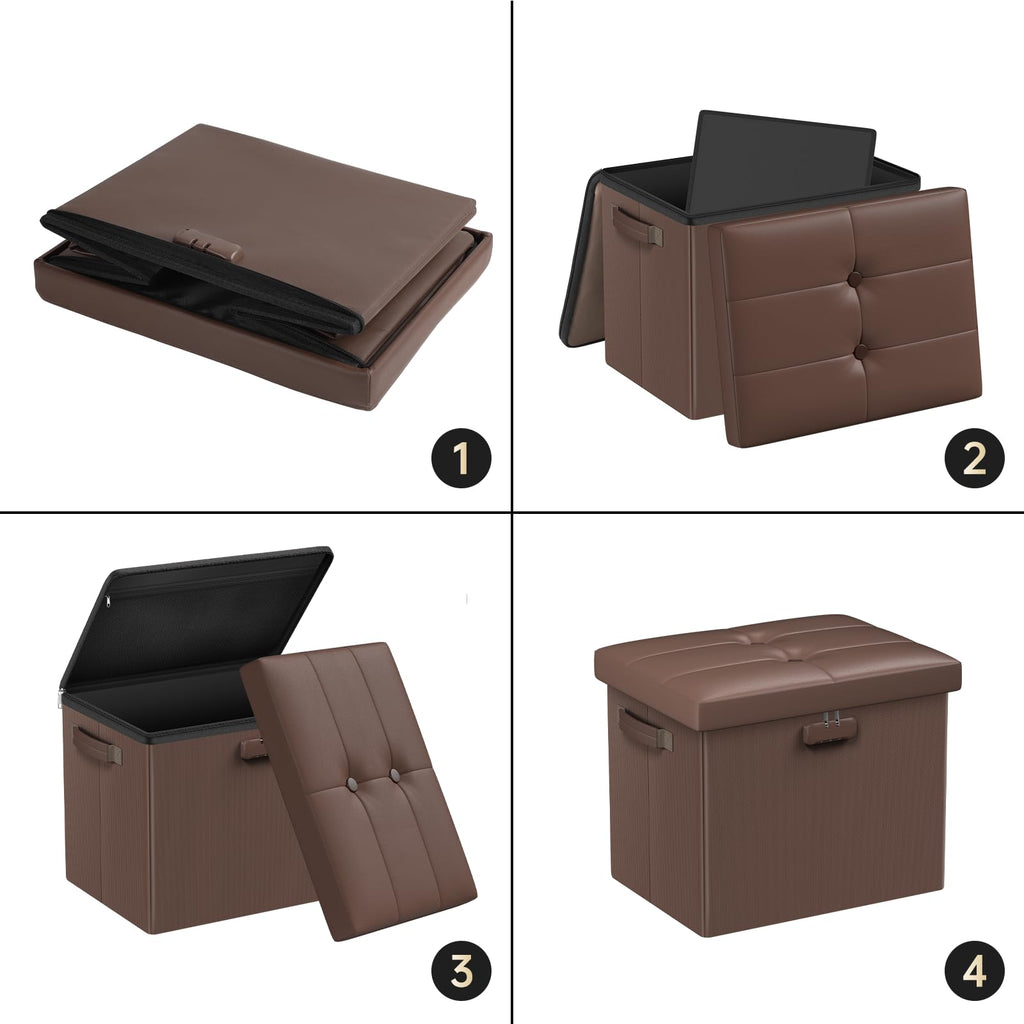 Storage Ottoman Foot Rest Stool with Lock & Handle, Fireproof Folding Leather Footstool Bench with Storage Safe