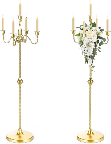 42.7 Inch Floor Candelabra Candle Holder Set of 2, 5 Arms Gold Candlestick Holders, Tall Candelabras Centerpiece for