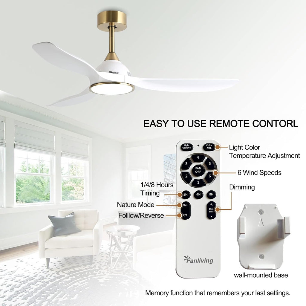 52 Inch 6 Speed High CFM Quiet DC Motor Modern Ceiling Fan with Lights Remote Control