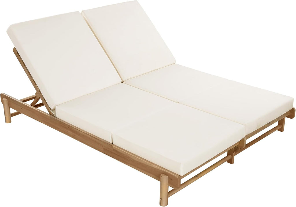 Set of 2 Outdoor Chaise Lounges with 3-Fold Cushions, Acacia Wood Recliner Chair Frame with Slatted Design