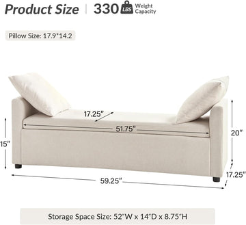 59" Storage Bench with 2 Throw Pillows & Armrests, Linen | Modern Long Bedroom Bench for End of Bed, Comfy