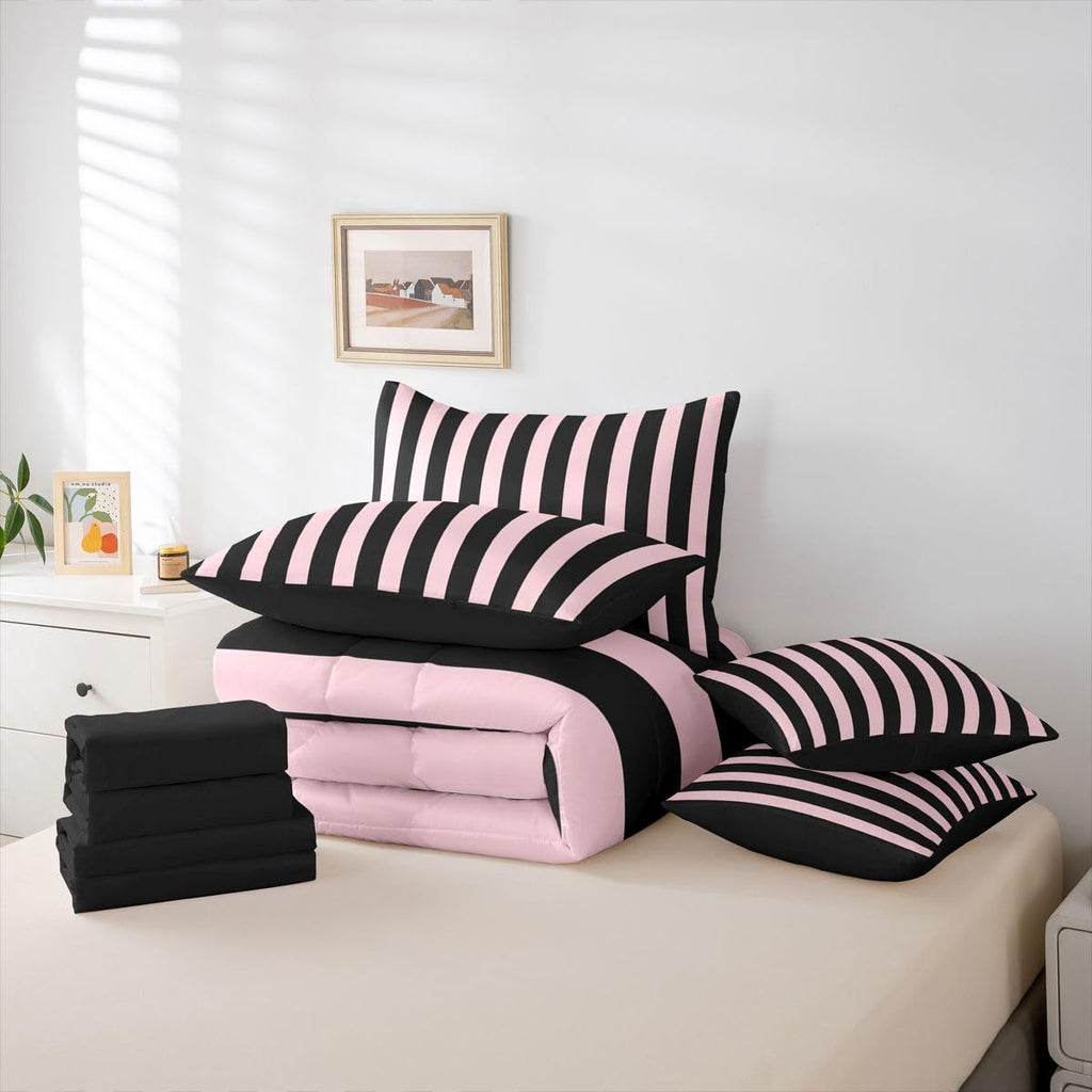 Pink and Black Striped Bedding Set Stripes Comforter Set